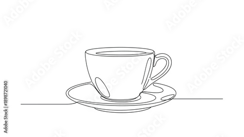 Minimalist coffee cup and saucer illustration created with a simple black continuous line drawing style on a clean white background paper.