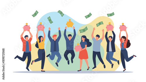 Happy diverse people celebrating financial savings success jumping with pink piggy banks and falling money bills on a colorful background.
