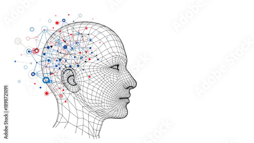 Artificial intelligence and neural network concept with a human head wireframe digital connections and colorful nodes on a white background.
