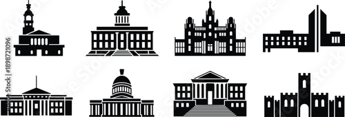 Black and white silhouette of various buildings silhouettes architecture city