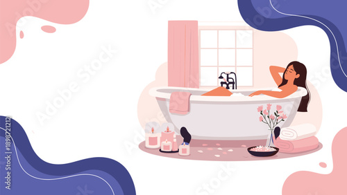 Relaxing self care spa day with a young woman taking a bubble bath in a luxury bathroom surrounded by candles and beautiful flowers at home.