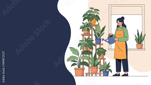Houseplant care and gardening hobby with a young woman in an apron watering green plants on a decorative wooden tiered stand near window.