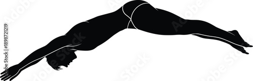 Black silhouette of a man diving or jumping white background