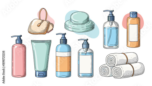 Bath and body care products collection with sketchy bottles of shampoo liquid soap lotions and rolled white cotton towels in a spa set.