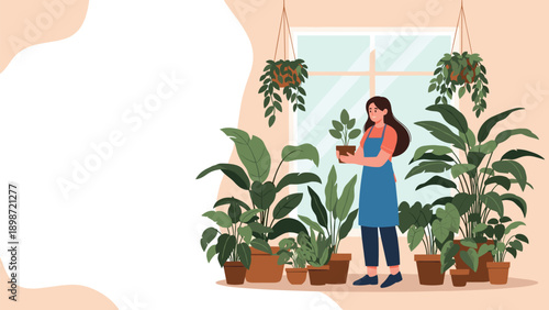 Young woman gardening at home surrounded by a large collection of lush green potted indoor plants in a bright urban jungle living space.