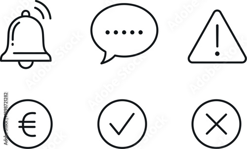 Set of essential black outline user interface icons representing notifications alerts messages currency confirmation and rejection symbols for web application design