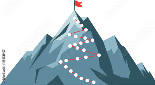 Mountain peak with climbing route marked by checkpoints and red flag, symbolizing progress, achievement, challenge, goal setting, and success journey for business, motivation, and adventure vector pro