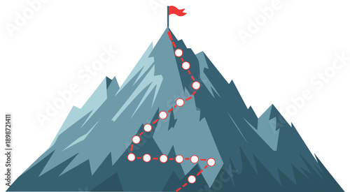 Mountain peak illustration with climbing path, checkpoints, and red flag, representing achievement, progress, challenge, goal tracking, and success journey in vector format for education, motivation, 