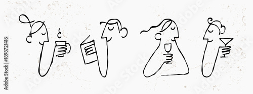 Minimalist People Relaxing Doodle Set, Shaky Line Characters Drinking Coffee and Reading