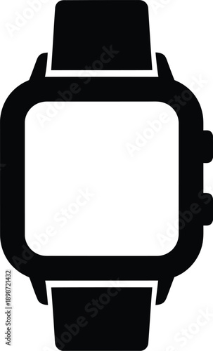 A simple black icon representing a modern smartwatch with a square face and band on a white background.