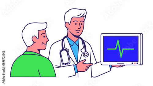 Medical Consultation: A medical professional engages in a consultation with patient, presenting a digital display showcasing vital signs.