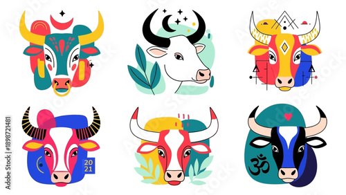 Vibrant collection of stylized bull and cow head illustrations, showcasing diverse graphic art designs with zodiacal and cultural motifs, ideal for modern symbolism and animal projects