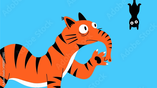 A perplexed, striped creature with an elongated snout curiously gazes at a small, upside-down black cat, creating a humorous and whimsical cartoon scene on a vibrant blue background