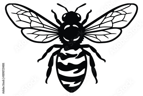 Black silhouette of a bee with detailed wings and stripes on body, representing nature and insects, isolated on white background, vector illustration
