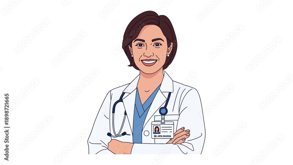 Fototapeta premium Confident Doctor: A healthcare professional radiates expertise and compassion, portrayed in a vibrant illustration, signifying trust and patient care.