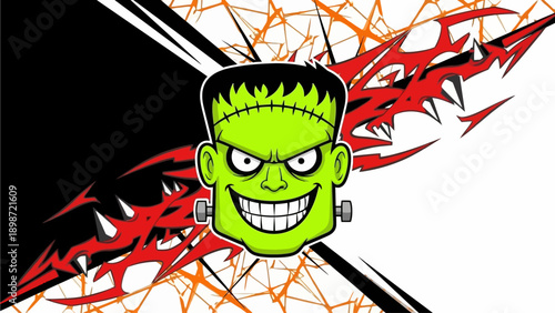 Grinning Green Monster Head Vector Art Spooky Illustration with Stitches, Fangs, and Bold Tribal Background for Halloween and Edgy Themes