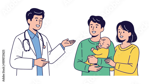 Doctor's Consultation with Family: A medical professional engages in a consultation with a new parent couple, holding their newborn baby, fostering a sense of reassurance and trust.