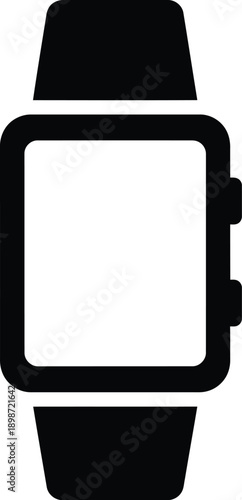 A minimalist black icon depicting a modern rectangular smartwatch with a band and buttons on a white background