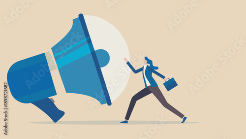 Vector illustration of businesswoman pushing megaphone, announcement or advertising concept, for marketing or presentation, Isolated on transparent background, png