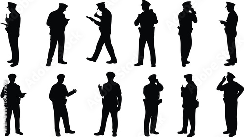 Police Officer Silhouette Illustration Set with Male Law Enforcement Poses