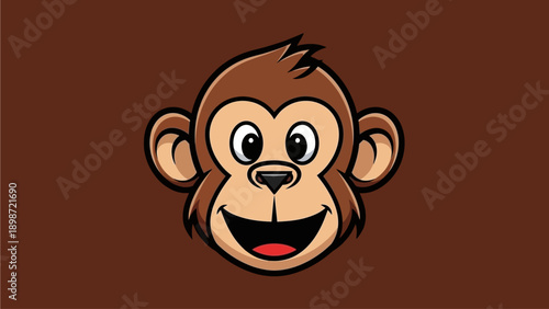 Cute cartoon monkey face illustration, happy monkey character with big eyes and smiling mouth on brown background