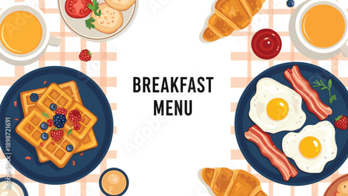 Breakfast menu layout featuring plates of waffles with berries and fried eggs with bacon alongside coffee and croissants from a top-down view.