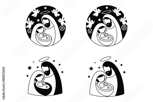 Candlemas Day Black and white minimalist nativity scene with Mary Joseph and baby Jesus angels and stars