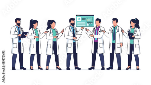 Medical Team Collaboration: A group of medical professionals stand together, working collaboratively to access and analyze important health information in a digital format.