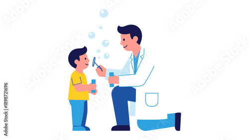 The Pediatrician's Playtime: A heartwarming scene unfolds as a friendly pediatrician entertains a young patient with playful bubbles, creating a welcoming and reassuring environment.