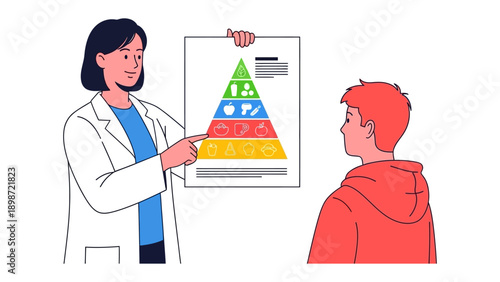 Nutrition Guidance: A healthcare professional points to a food pyramid chart, educating a young individual on balanced nutrition and healthy eating habits. 