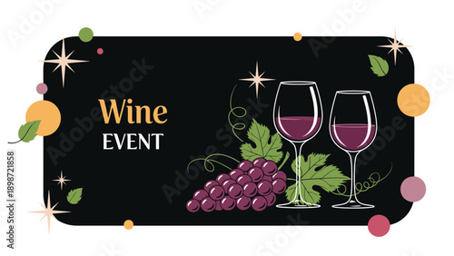 Wine event promotional banner featuring a bunch of purple grapes and two glasses filled with red wine against a black background with stars.