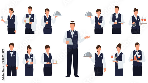 Set of professional waiters and waitresses in uniform holding trays with food and drinks for a hospitality and service industry concept.