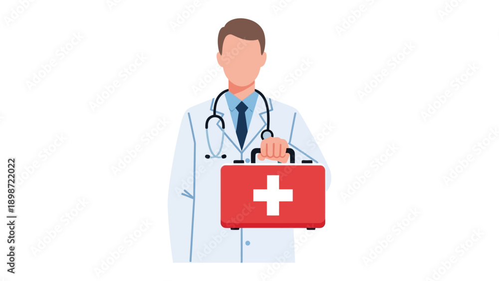 Fototapeta premium Medical Professional with First Aid Kit: A medical professional, holding a red first aid kit, stands ready to provide care, embodying the spirit of healthcare and emergency assistance.