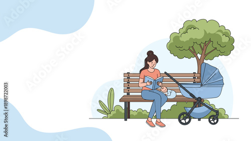 Mother sitting on a park bench and reading a book while her baby sleeps in a blue stroller under a large green tree.