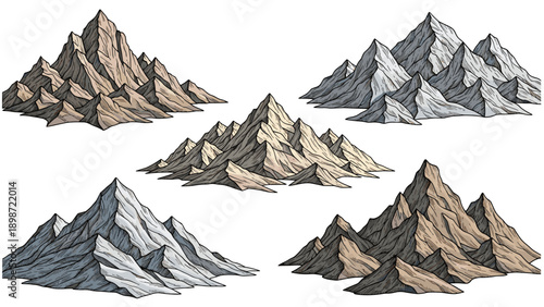Collection of detailed hand-drawn sketches of various mountain ranges and peaks in different colors for an adventure and nature theme.