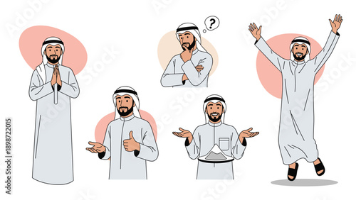 Collection of an Arab man character in various poses and expressions including thinking, cheering, and giving a thumbs up.