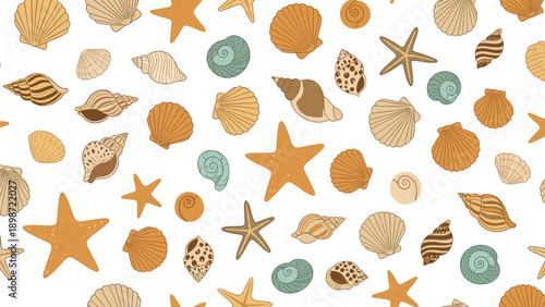 Seamless background pattern of colorful hand-drawn sea shells, starfish, and snail shells on a clean white surface for summer designs.