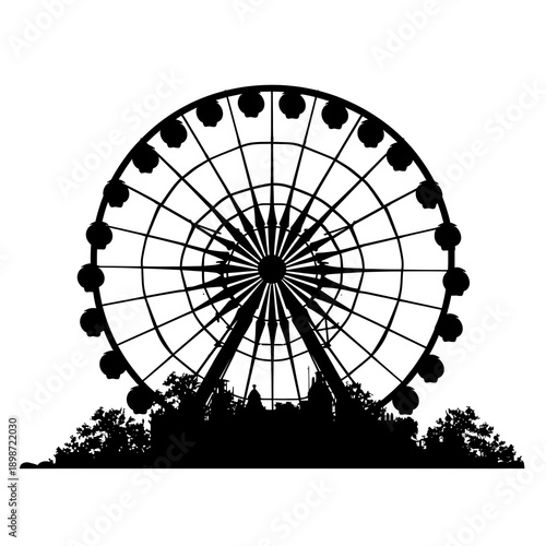 Silhouette of a large Ferris wheel at dusk with trees