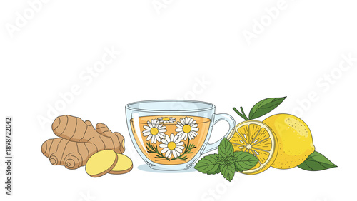 Health boosting herbal tea illustration with a glass cup of chamomile flowers ginger root lemon slices and mint.