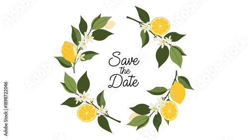 Elegant save the date wedding invitation template featuring a hand drawn wreath of fresh lemons and white flowers.