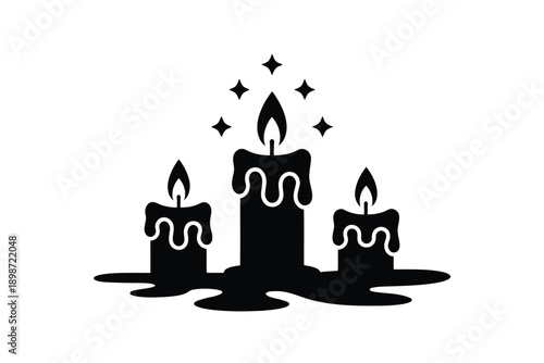 Three Candlemas Day black silhouette candles with dripping wax and flames on white background with stars