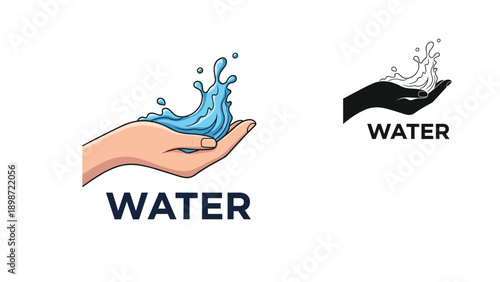 Stylized illustration of a hand holding a blue water splash alongside a black and white version for liquid purity concept.