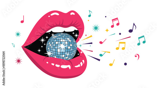 Vibrant pop art illustration of pink female lips with a disco ball inside and colorful music notes for party vibes.