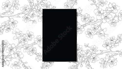 Minimalist black paper card template placed on a delicate background of hand drawn cherry blossom flower branches.