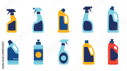 Collection of various cleaning detergent and spray bottles in different shapes and colors for household maintenance.