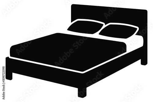 Double bed with headboard pillows and blanket black silhouette vector illustration isolated on white background furniture icon