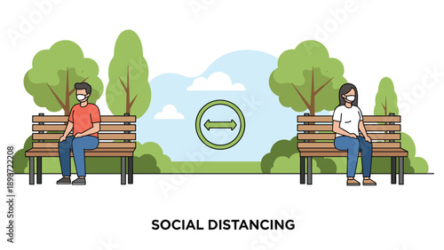 Social distancing concept illustration showing a man and woman wearing masks and sitting on separate park benches.