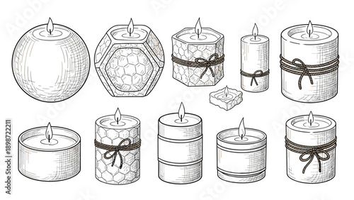 Large set of various hand drawn candles in different shapes like round hexagonal and pillar with decorative ties.