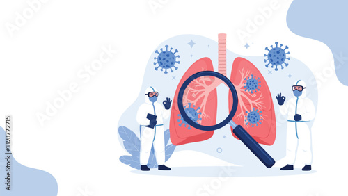 Two medical professionals in hazmat suits examining human lungs with a magnifying glass for virus detection research.