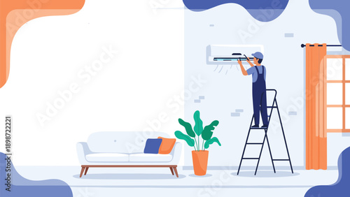 Professional technician in a blue uniform repairing or installing an air conditioning unit in a modern living room.